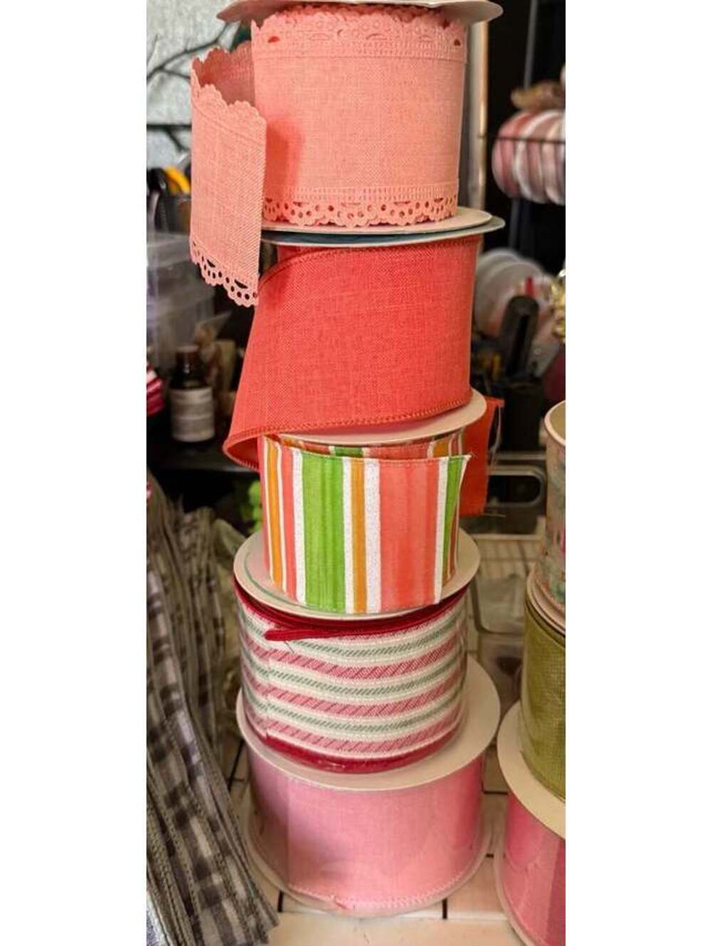 Lot of Wired Ribbon Peach Lace Orange Bright Cheerful 2.5” Red Green Striped